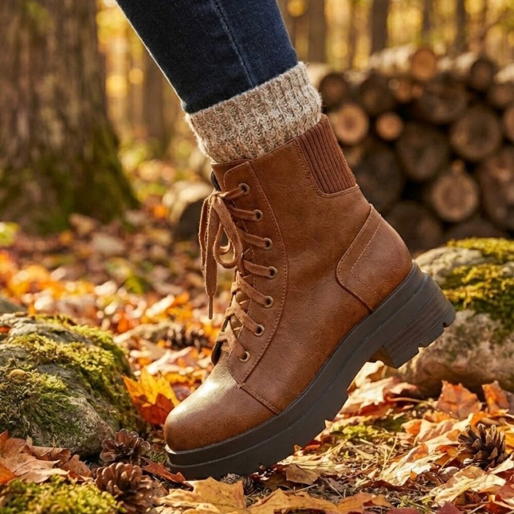 NWT SODA Brown Combat Hiker Boots Knit Cuff Lug Sole Lace Up Ankle Bootie - Picture 5 of 6